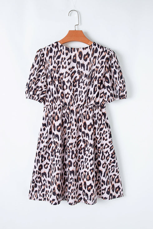 Brown Leopard Tied Front Keyhole Puff Short Sleeve Mini Dress